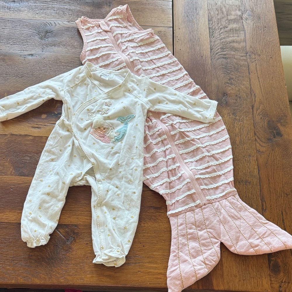 Mud Pie Pink and White mermaid sleep sack and precious snap One Piece
